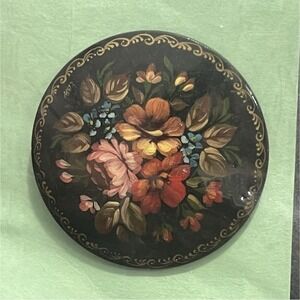 Artisan Handcrafted Hand Painted Floral Pin Lacquered Wood Black Multicolor